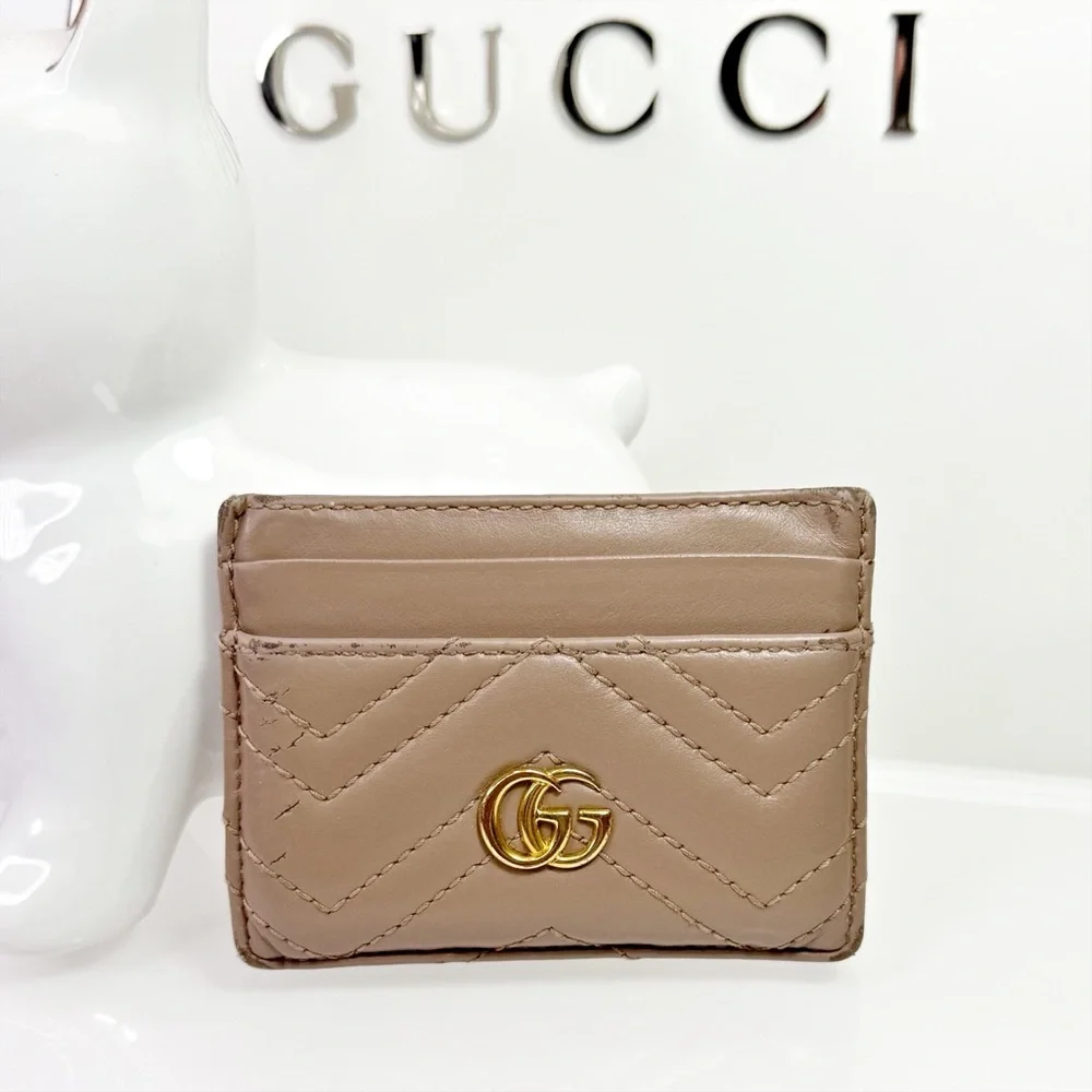 Gucci GG Marmont Card Case In Beige Calfskin Leather